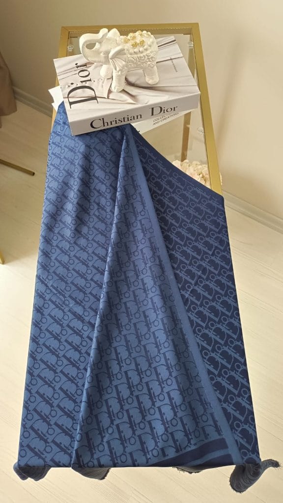 Dior Desenli İpek Kaşmir Çift Taraflı Şal - Lacivert