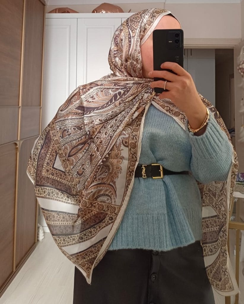 Etnik Desen Vual İpek Şal - Krem Kahve