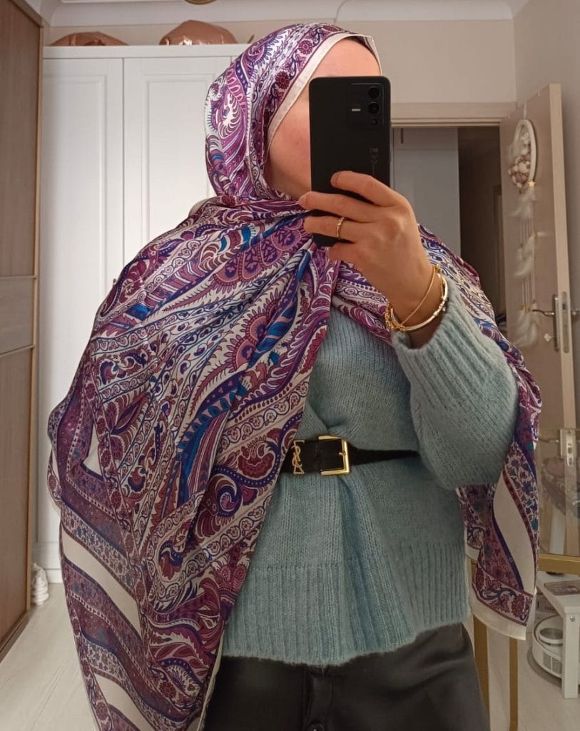 Etnik Desen Vual İpek Şal - Krem Mor