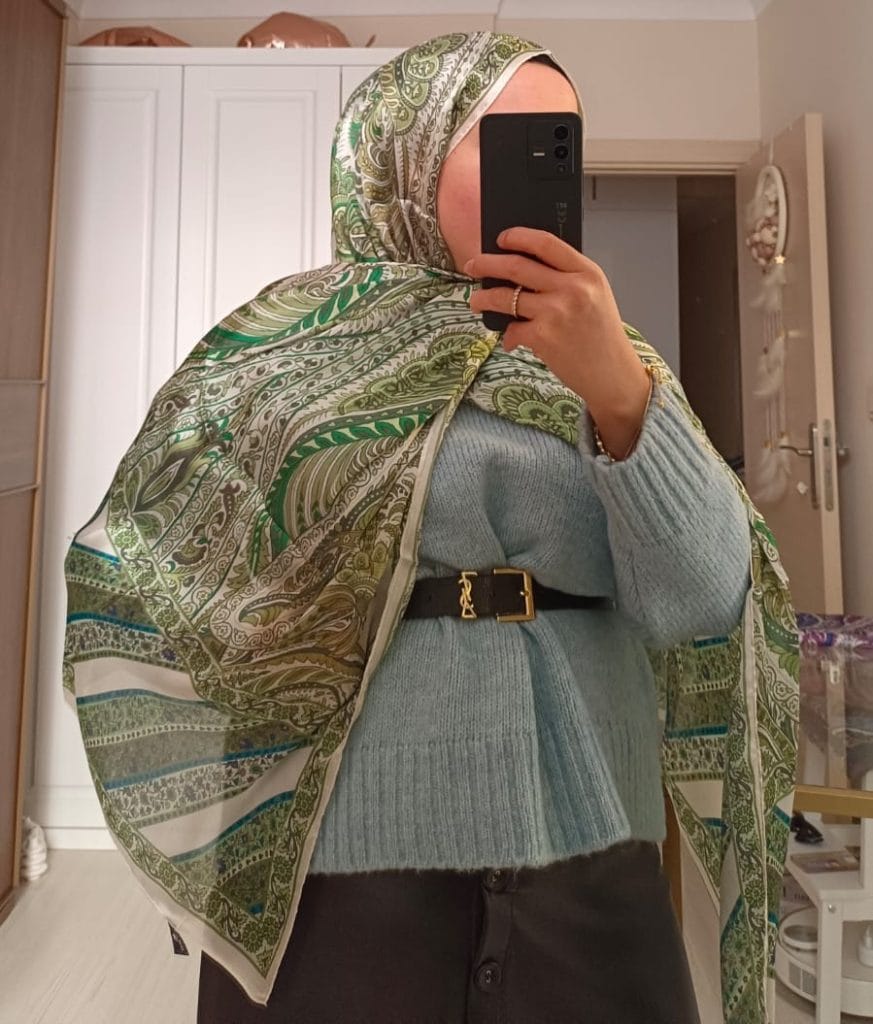 Etnik Desen Vual İpek Şal - Krem Yeşil