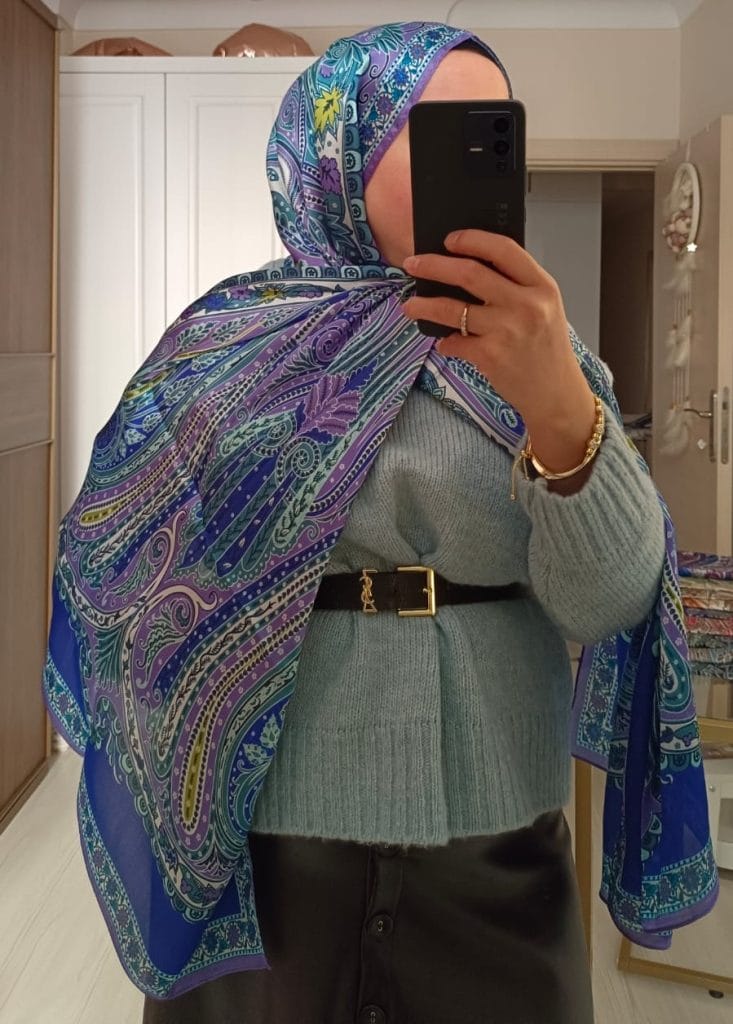 Etnik Desen Vual İpek Şal - Morcivert