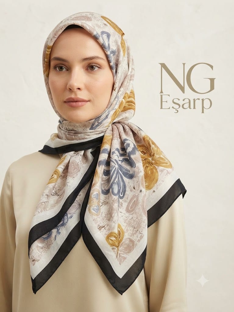 Asya Desen Riva Pamuk Şal - Lacivert - Gold - 2