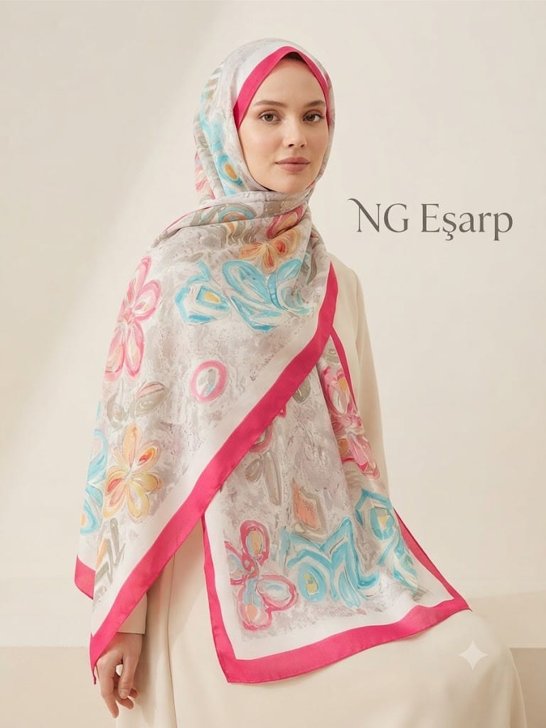 Asya Desen Riva Pamuk Şal - Turkuaz - Pembe - 2